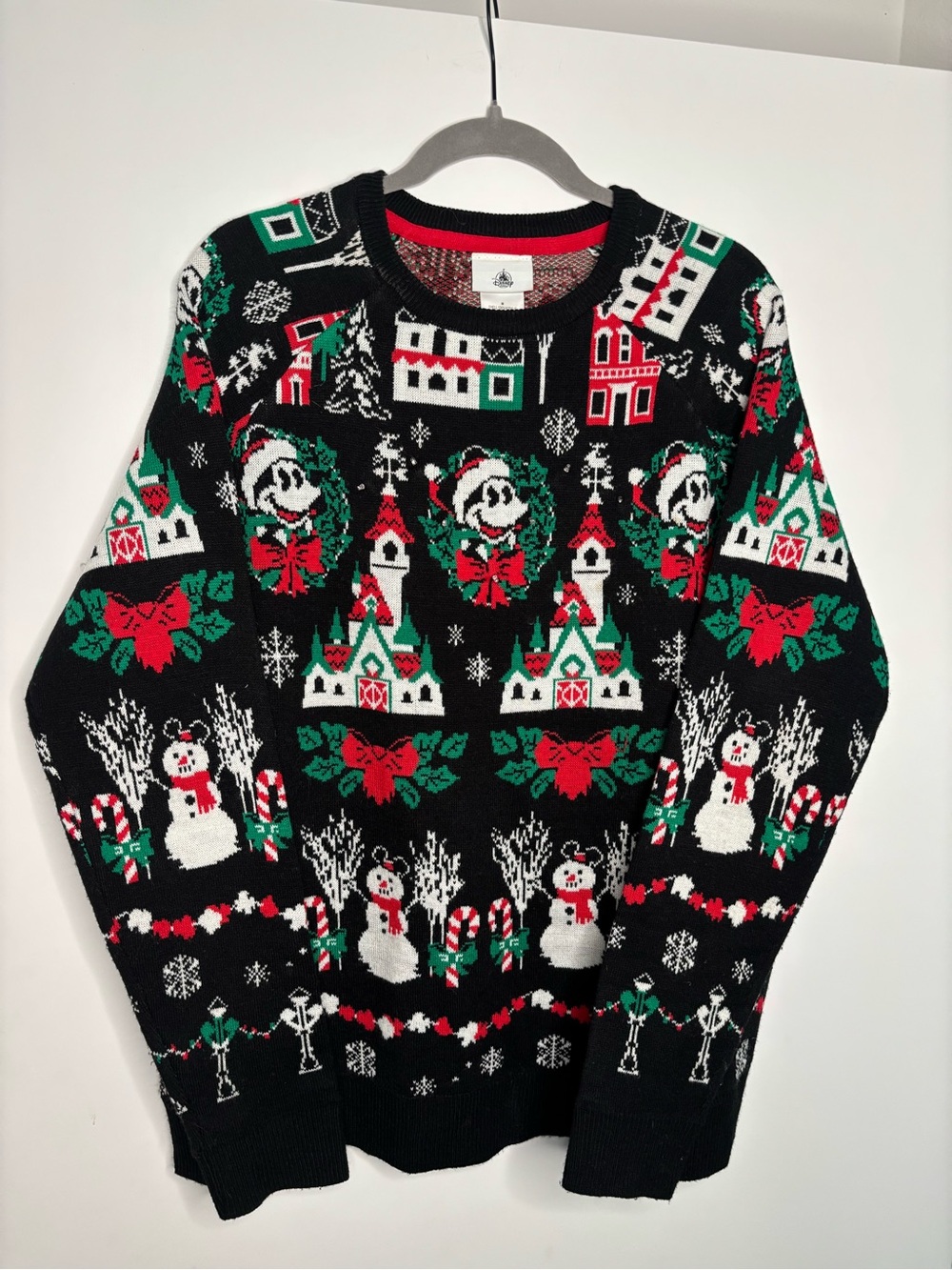 Festive Black Holiday Sweater with Red & Green Pattern- LIGHT UP CHEST